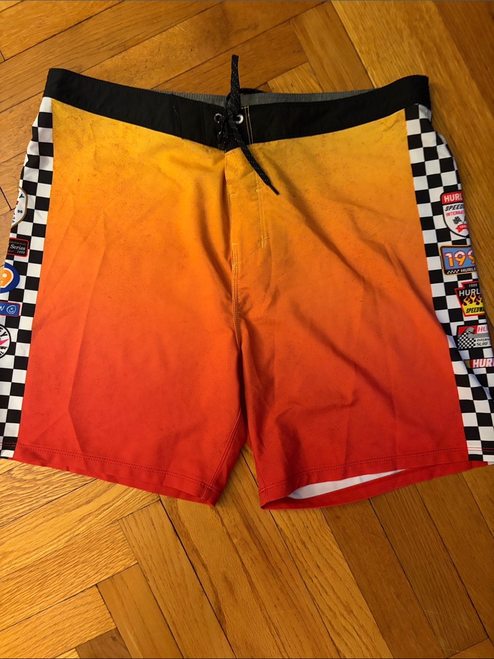 Hurley Orange to Red Gradient Board Shorts with Checkered Side Panels